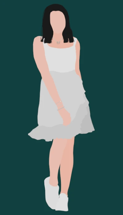 Frau in kurzem hellgrauen Kleid mit schwarzen Haaren